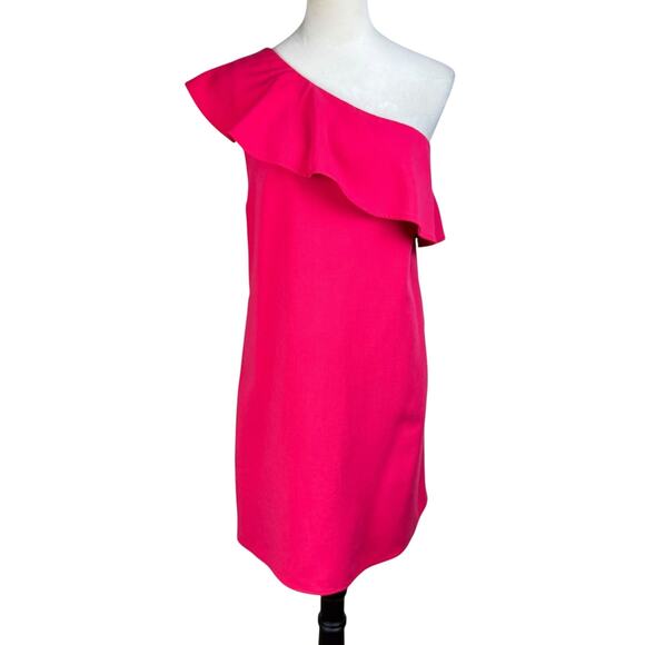 French Connection NWT Deep Hot Pink One Shoulder Ruffle Overlay Mini Dress - Picture 2 of 12